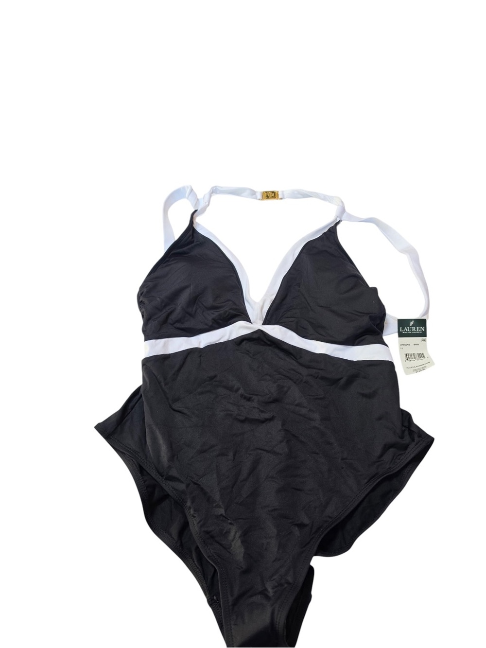 Lauren Ralph NEW Halter V-Neck Backless 12 Black White 1PC Swimsuit Colorblock - Picture 7 of 16